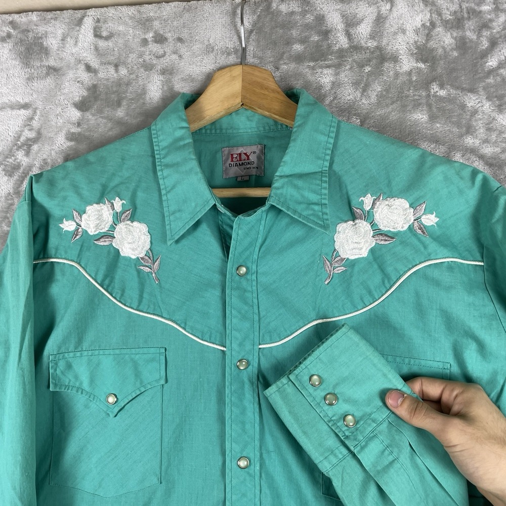 Ely Diamond Shirt Mens Large Embroidered Western Pearl Snap Vintage Floral